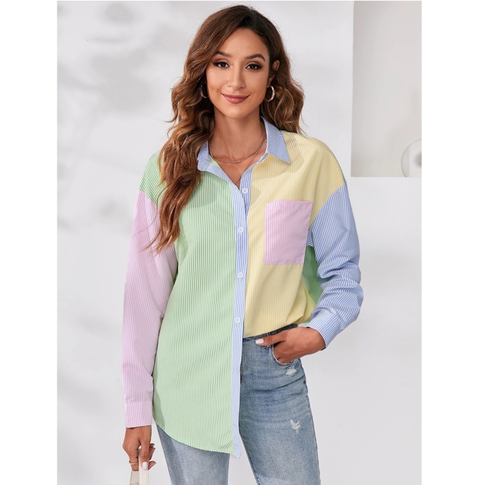 Multicolor Striped Casual Oversized Button Down Shirt (Blue, Green, Yellow, Pink - Picture 5 of 8